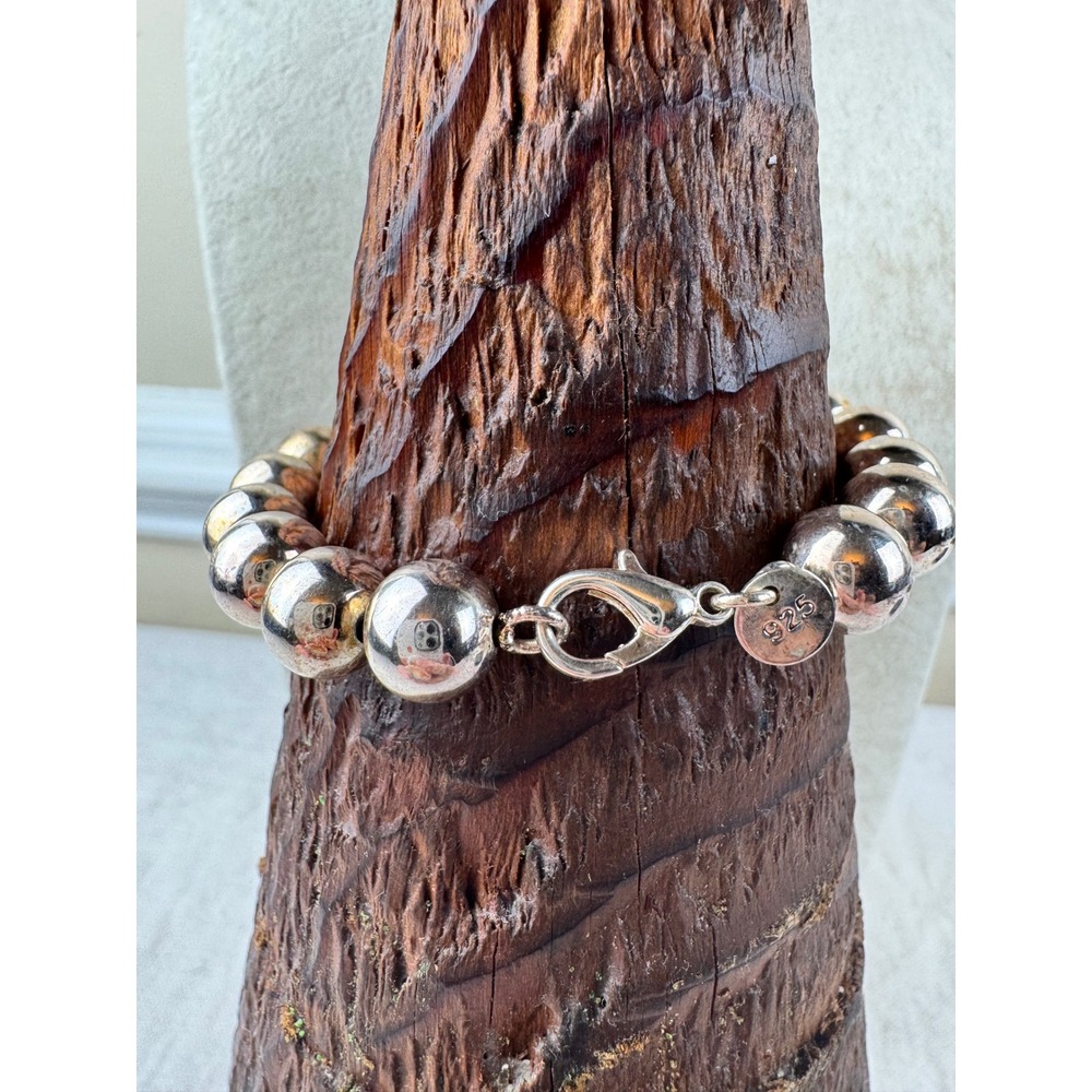 925 Sterling Silver 10mm Bead Ball Bracelet 7 Inch Lobster Clasp 14g Boho Chic